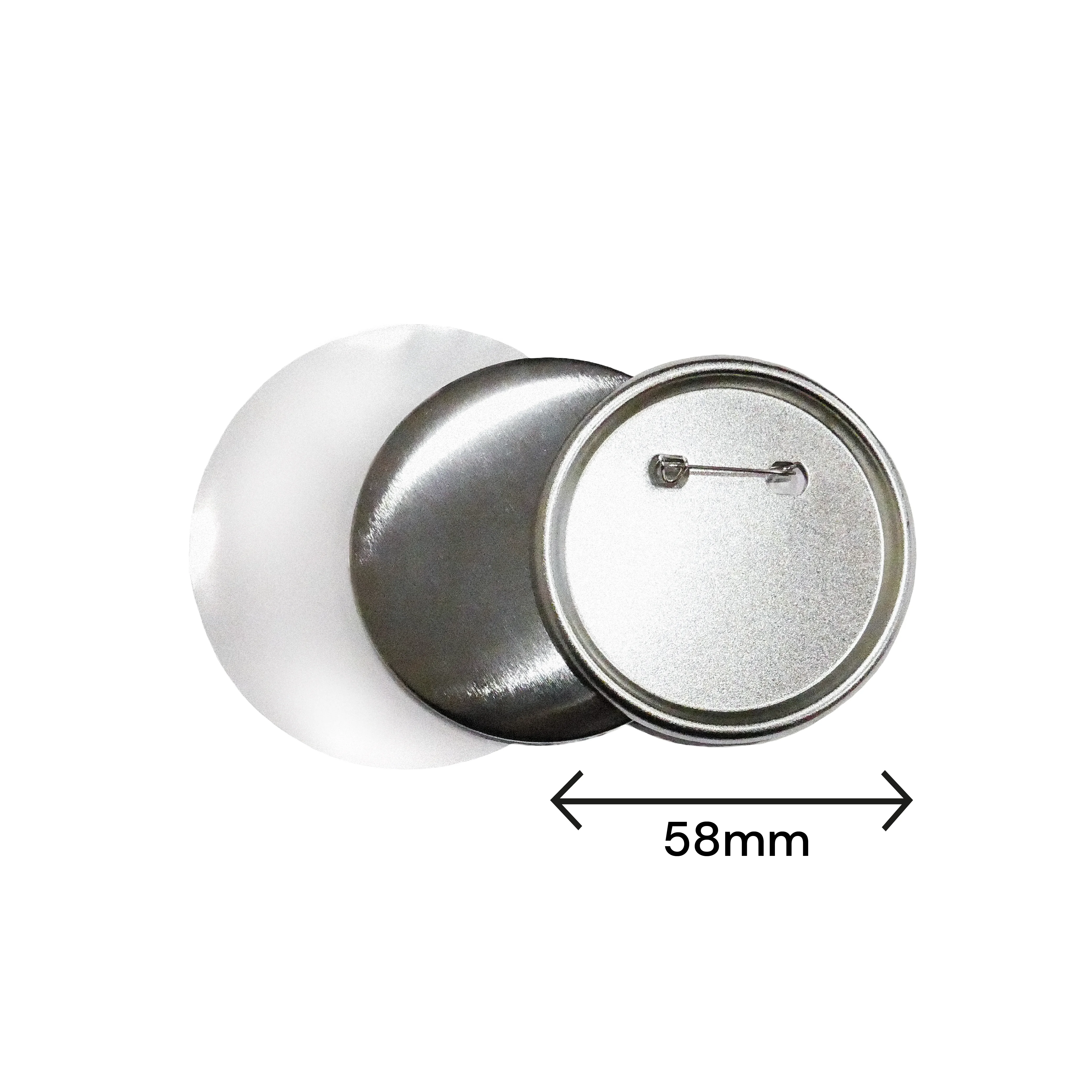 Chapitas circulares 58 mm con prendedor, 100 unidades