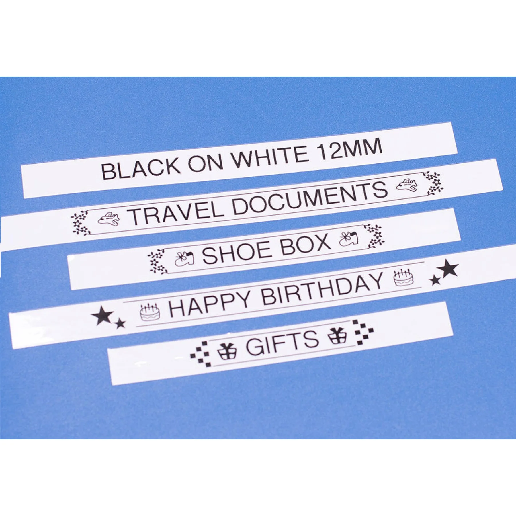 Cinta laminada negro sobre blanco 12mm x 8mt